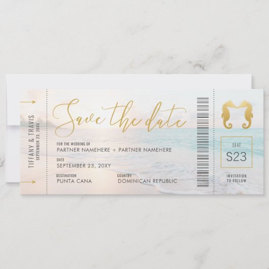 Seahorse Boarding Pass Ticket Beach Weddenschap Save The Date (Voorkant)