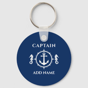 Seahorse Boat Anchor Captain Naam Foto Terug Blauw Sleutelhanger