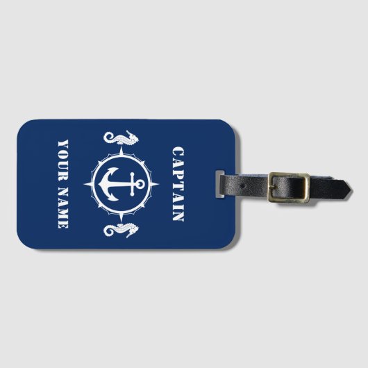 Seahorse & Boat Anchor | Jouw naam/Rank Navy Blue Bagagelabel (Voorkant (horizontaal))