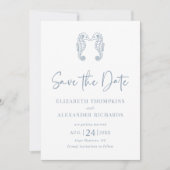 Seahorse Coastal Beach Dusty Blue Wedding Save The Date (Voorkant)
