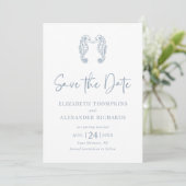Seahorse Coastal Beach Dusty Blue Wedding Save The Date (Staand voorkant)