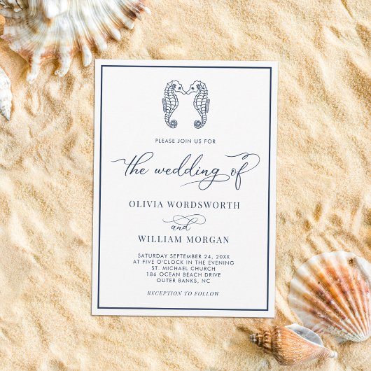 Seahorse Coastal Beach Elegant Script Navy Wedding Kaart