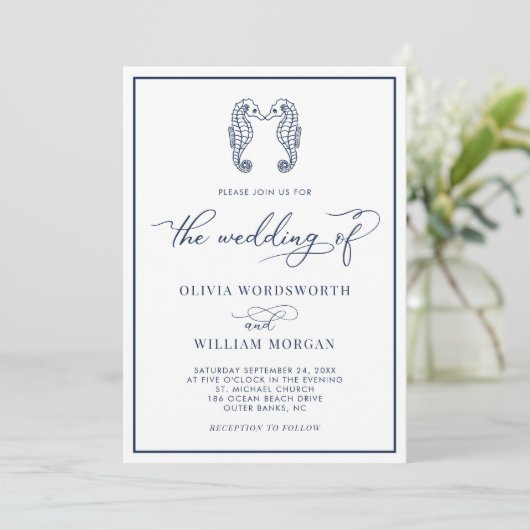 Seahorse Coastal Beach Elegant Script Navy Wedding Kaart (Staand voorkant)
