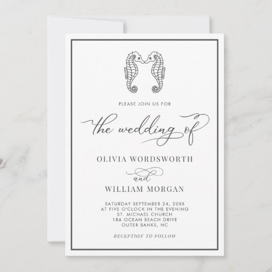 Seahorse Coastal Beach Script Dark Grey Wedding Kaart (Voorkant)