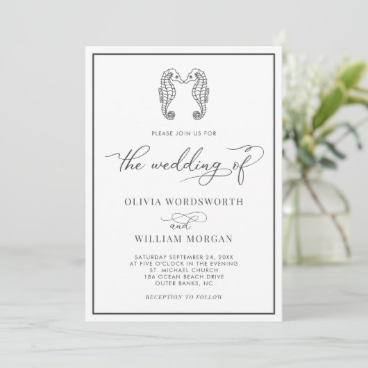 Seahorse Coastal Beach Script Dark Grey Wedding Kaart (Staand voorkant)