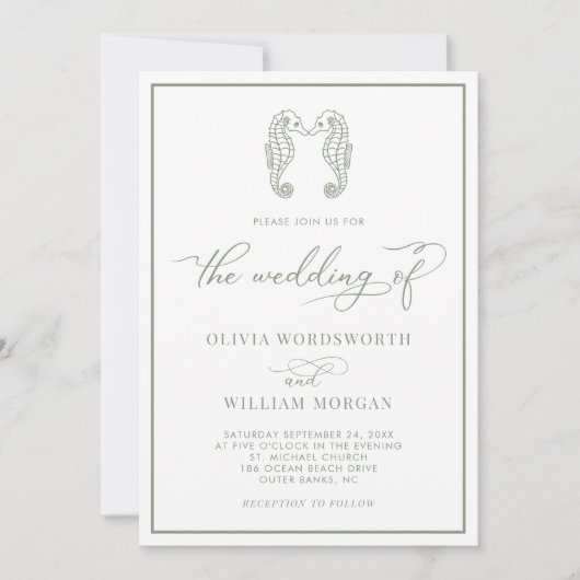 Seahorse Coastal Beach Script Sage Green Wedding Kaart (Voorkant)