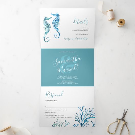 Seahorse Coastal Trifold Wedding Invitation Drieluik Uitnodiging (Binnen)