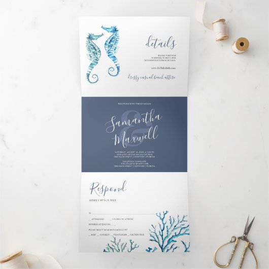 Seahorse Coastal Trifold Wedding Invitation Drieluik Uitnodiging (Binnen)