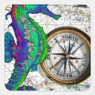 Seahorse Compass Collage Vierkante Sticker