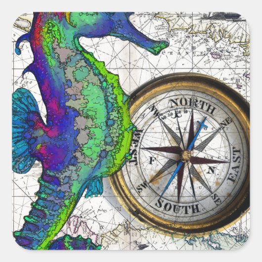 Seahorse Compass Collage Vierkante Sticker (Voorkant)