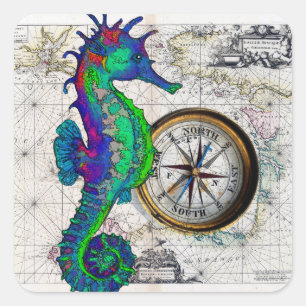 Seahorse Compass Vierkante Sticker