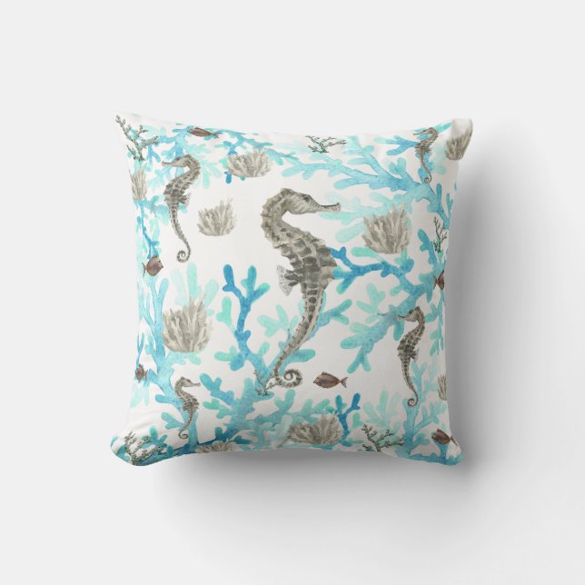 Seahorse Coral Sealife Oceanlife Blauwgroen Beige  Kussen (Voorkant)