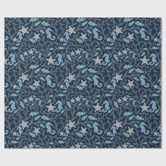Seahorse Deep Blue Pattern Cadeaupapier (Vlak)