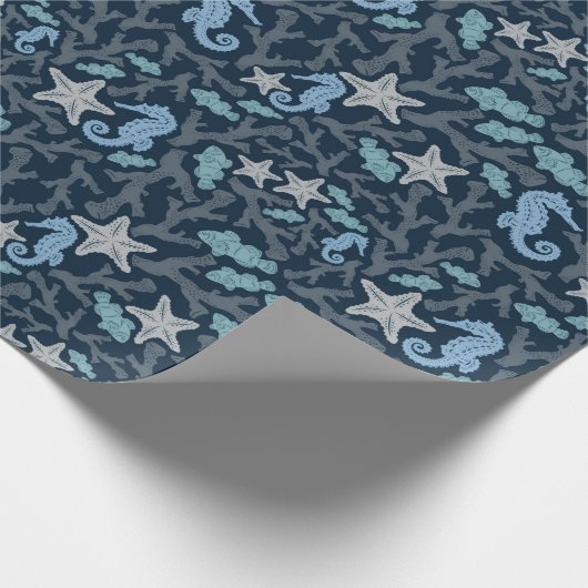 Seahorse Deep Blue Pattern Cadeaupapier (Hoek)