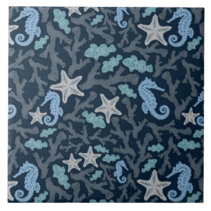 Seahorse Deep Blue Pattern Tegeltje