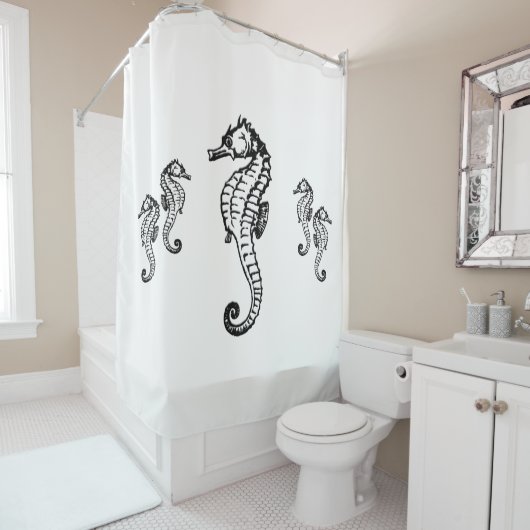 Seahorse Design on White Shower Curtain Douchegordijn (In situ)