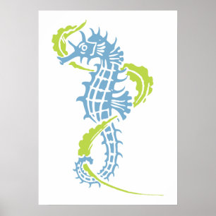 Seahorse dusk blue, kalkgroen en zeewier poster