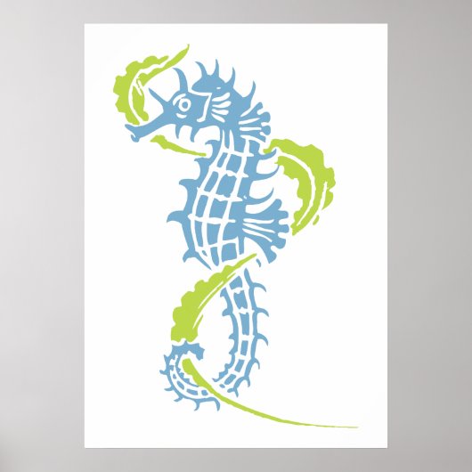 Seahorse dusk blue, kalkgroen en zeewier poster (Voorkant)