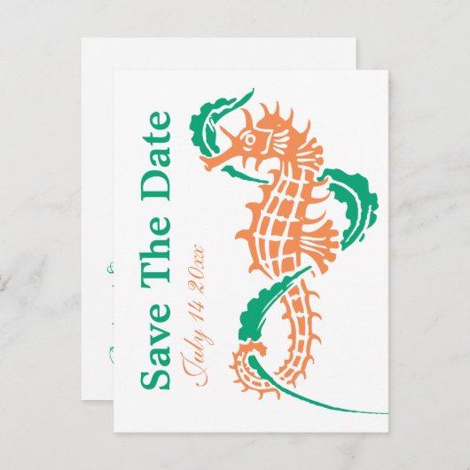 Seahorse emerald, koraalbruiloft Save the Date Aankondigingskaart (Voorkant / Achterkant)