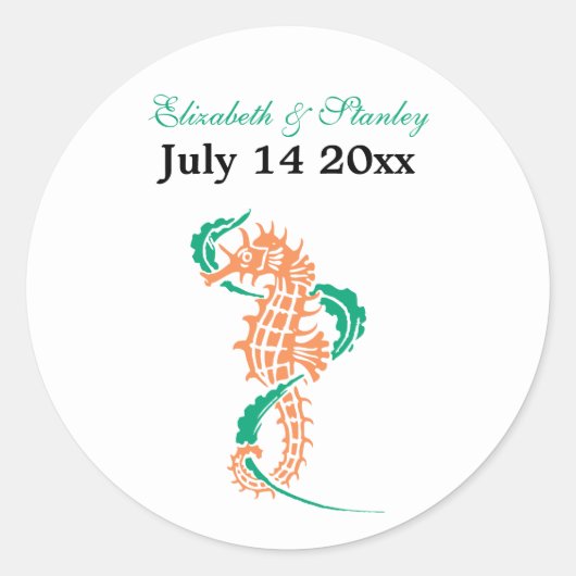 Seahorse emerald, koraalbruiloft Save the Date Ronde Sticker (Voorkant)