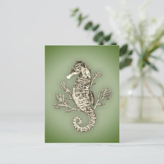 Seahorse en Coral on Green Background Briefkaart (Staand voorkant)