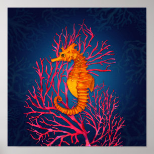 Seahorse en Red Fan Coral Poster