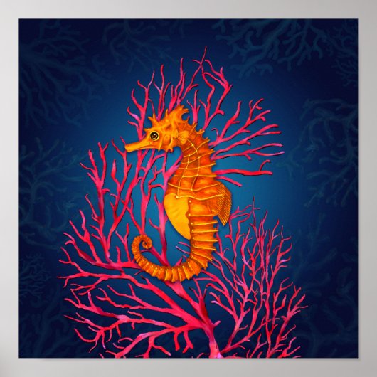 Seahorse en Red Fan Coral Poster (Voorkant)