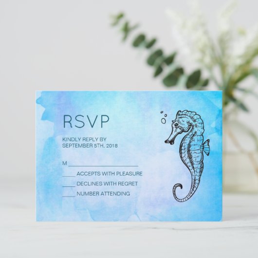 Seahorse en Seashell nautische bruiloft RSVP (Staand voorkant)