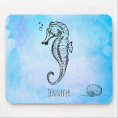 Seahorse en Seashell on Blue Waterverf Custom Muismat (Voorkant)