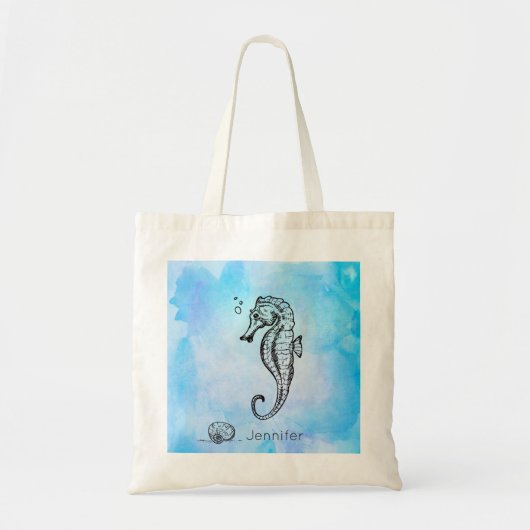 Seahorse en Seashell on Blue Waterverf Custom Tote Bag (Voorkant)