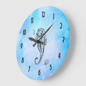 Seahorse en Seashell on Blue Waterverf Grote Klok (Hoek)