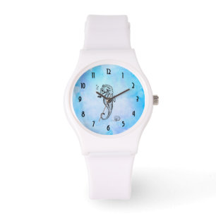 Seahorse en Seashell on Blue Waterverf Horloge