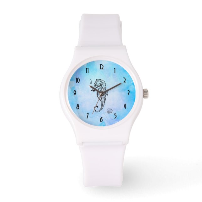 Seahorse en Seashell on Blue Waterverf Horloge (Voorkant)