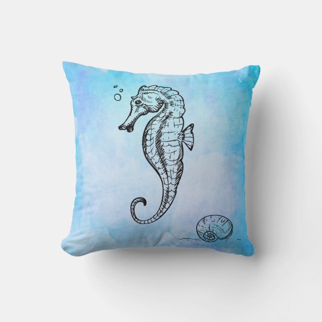 Seahorse en Seashell on Blue Waterverf Kussen (Voorkant)