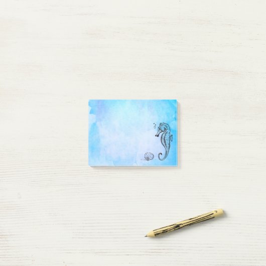 Seahorse en Seashell on Blue Waterverf Post-it® Notes (Op bureau)