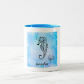 Seahorse en Seashell on Blue Waterverf Tweekleurige Koffiemok (Center)