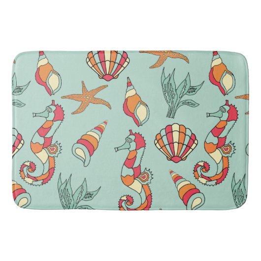 Seahorse en Seashell Pattern Blauwgroen Badmat (Voorkant)