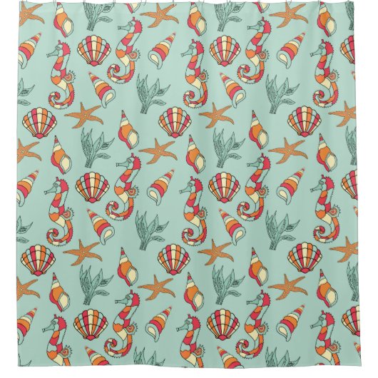 Seahorse en Seashell Pattern Blauwgroen Douchegordijn (Voorkant)