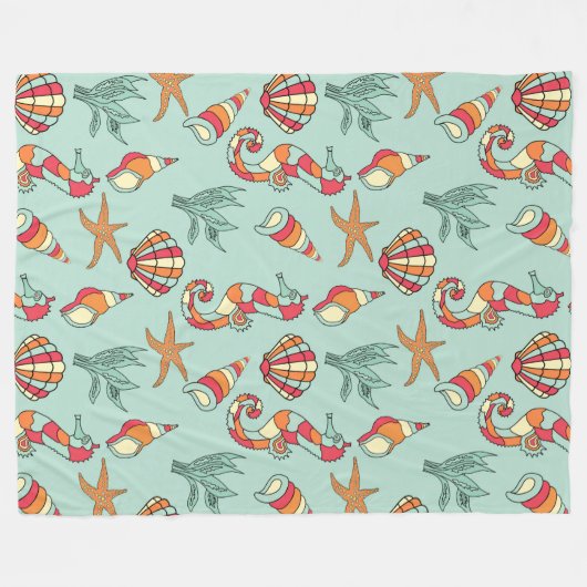 Seahorse en Seashell Pattern Blauwgroen Fleece Deken (Voorkant (Horizontaal))