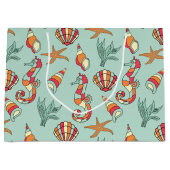 Seahorse en Seashell Pattern Blauwgroen Groot Cadeauzakje (Voorkant)