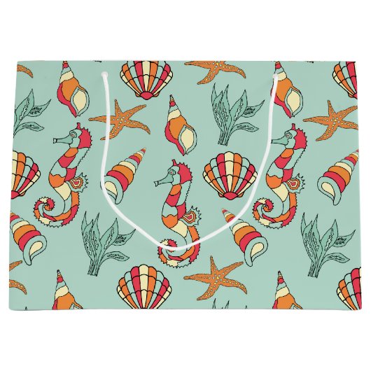 Seahorse en Seashell Pattern Blauwgroen Groot Cadeauzakje (Voorkant)