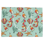 Seahorse en Seashell Pattern Blauwgroen Groot Cadeauzakje (Achterkant)