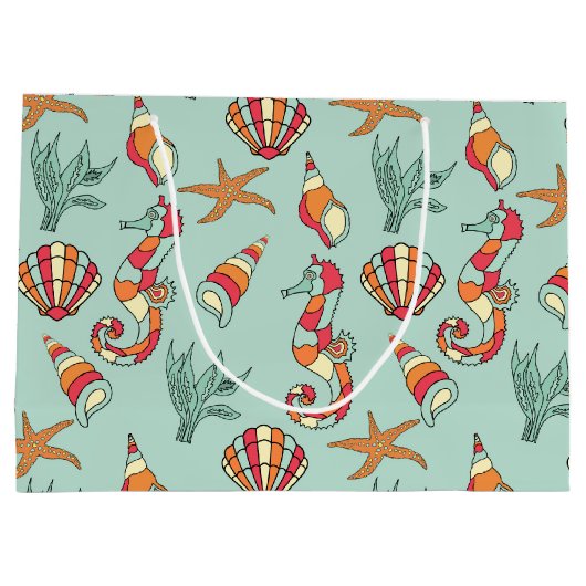 Seahorse en Seashell Pattern Blauwgroen Groot Cadeauzakje (Achterkant)