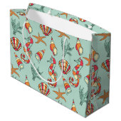 Seahorse en Seashell Pattern Blauwgroen Groot Cadeauzakje (Achterkant Gekanteld)