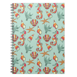Seahorse en Seashell Pattern Blauwgroen Notitieboek
