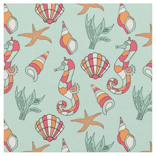 Seahorse en Seashell Pattern Blauwgroen Stof (Close Up)