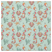 Seahorse en Seashell Pattern Blauwgroen Stof (Swatch)