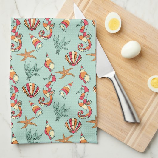 Seahorse en Seashell Pattern Blauwgroen Theedoek (Quarter Fold)