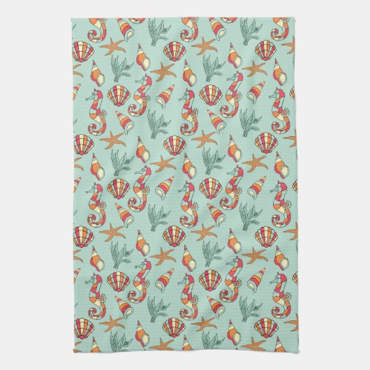 Seahorse en Seashell Pattern Blauwgroen Theedoek (Verticaal)
