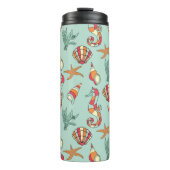 Seahorse en Seashell Pattern Blauwgroen Thermosbeker (Voorkant)